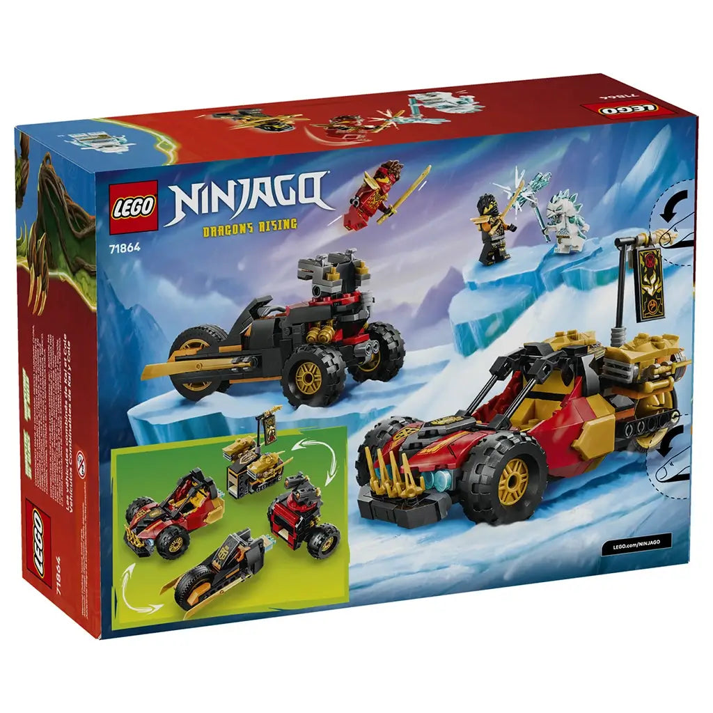 LEGO NINJAGO Dragons Rising 71864 box back in blue shows the red buggy and black-and-gold motorcycle separating and combining, with three figures on an icy scene.