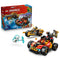 LEGO NINJAGO Kai and Cole's Combiner Vehicles set in red, black and gold plastic shows the buggy, motorcycle and icy figure beside the Dragons Rising retail box.