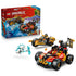 LEGO NINJAGO Kai and Cole's Combiner Vehicles set in red, black and gold plastic shows the buggy, motorcycle and icy figure beside the Dragons Rising retail box.
