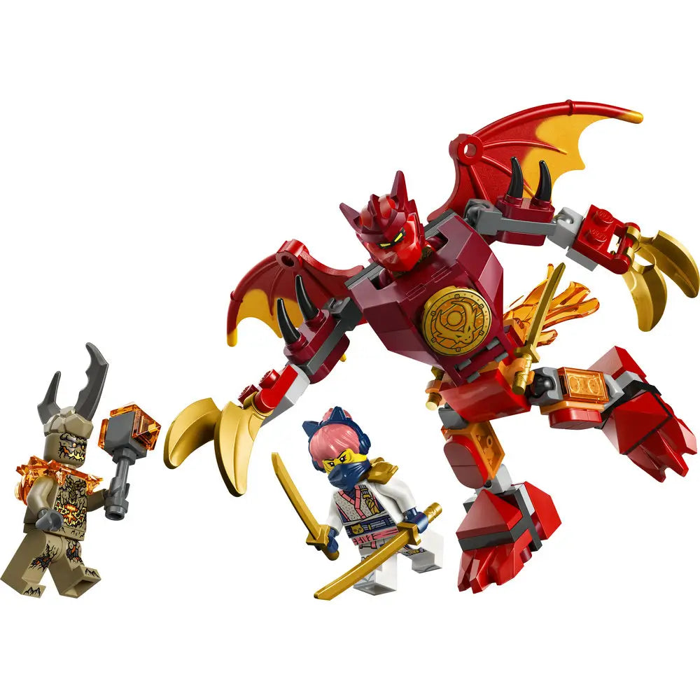 LEGO NINJAGO dragon mech features red and dark gray plastic armor with gold claw hands, wide batlike wings, and a round chest emblem, posed mid battle with ninja minifigures on a clean white background.