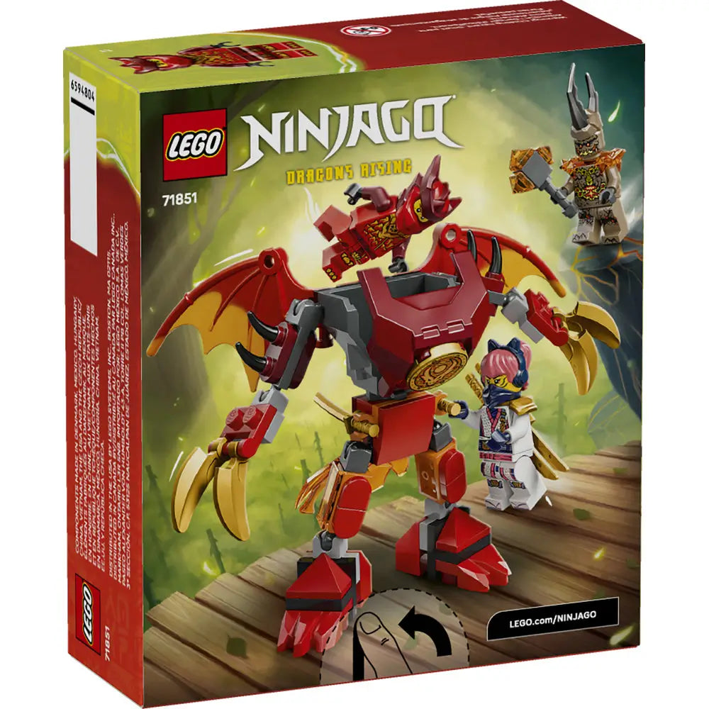 LEGO NINJAGO Dragons Rising packaging back shows the red dragon mech toy built from plastic bricks with poseable wings and claws, ninja minifigures, and illustrated play features on a fantasy themed backdrop.
