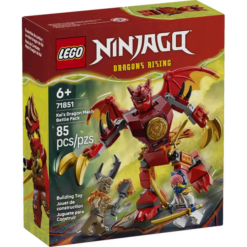LEGO NINJAGO Dragons Rising box shows a red dragon mech made from glossy plastic bricks with gold claws and wings, including ninja minifigures, set number 71851, displayed against a dramatic green action scene.