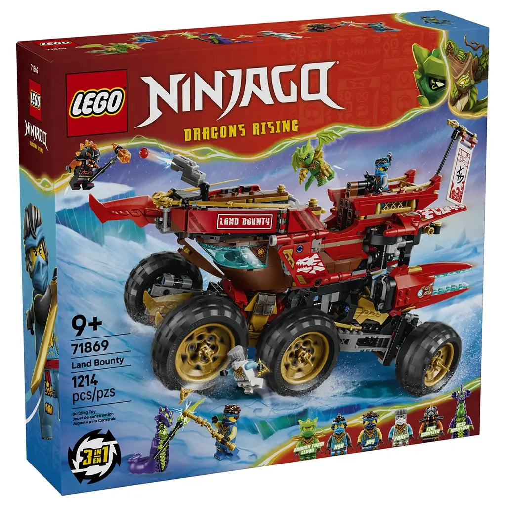 LEGO NINJAGO Dragons Rising Land Bounty 71869 box in red and blue features the red six-wheel vehicle with gold rims, minifigures, 1,214-piece count and 3-in-1 badge.