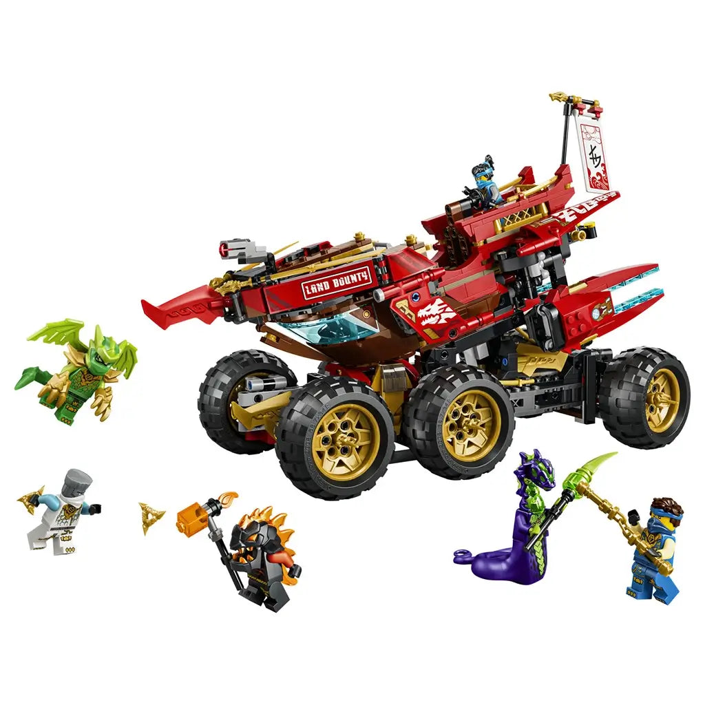 LEGO NINJAGO Land Bounty 71869 in red, black and gold plastic features six large wheels, a raised ship deck and blue accents, surrounded by six minifigures on white.