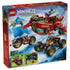 LEGO NINJAGO Land Bounty 71869 package back in red and blue shows the red vehicle transforming into a ship and smaller racers, with minifigures on an icy scene.