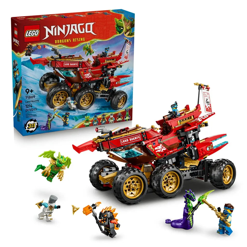 LEGO NINJAGO Land Bounty 71869 in red, black and gold plastic is displayed beside its retail box, with six large wheels, raised ship deck and six minifigures on white.