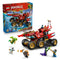 LEGO NINJAGO Land Bounty 71869 in red, black and gold plastic is displayed beside its retail box, with six large wheels, raised ship deck and six minifigures on white.