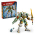 LEGO NINJAGO Lloyd’s Titan Mech in green, white, and gold plastic, large armored humanoid robot form with sword and shield, action toy displayed with box packaging on a clean studio background.