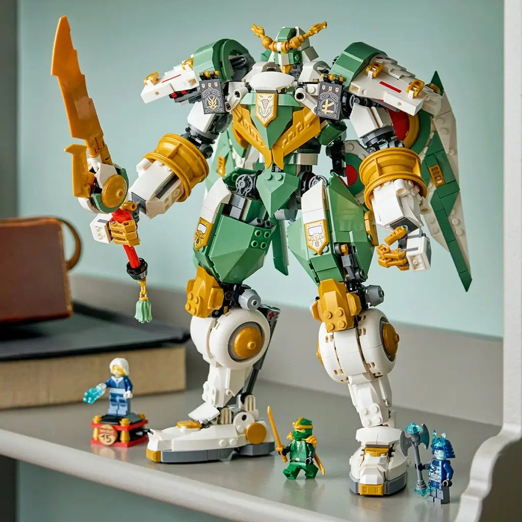 LEGO NINJAGO Titan Mech model in green, white, and gold plastic, detailed armored robot with weapons, display toy positioned on a shelf with minifigures in a modern home environment.