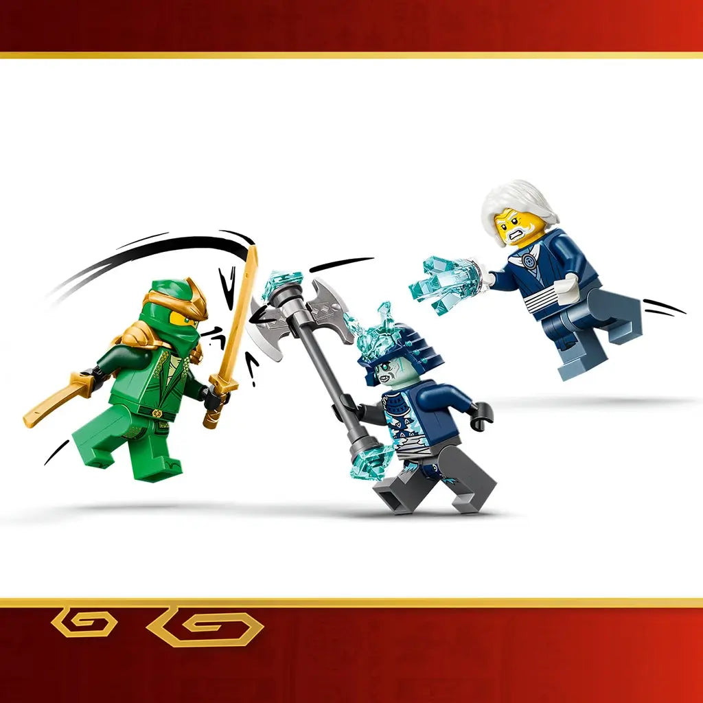 LEGO NINJAGO minifigures in green, blue, and gray plastic, small articulated ninja and villain characters with weapons, action figures posed in a dynamic battle scene on a plain background.