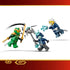 LEGO NINJAGO minifigures in green, blue, and gray plastic, small articulated ninja and villain characters with weapons, action figures posed in a dynamic battle scene on a plain background.