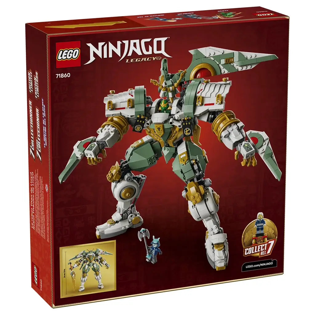 LEGO NINJAGO Titan Mech box back in red cardboard, rectangular packaging showing features, minifigures, and build details, product information displayed on a bold graphic background.