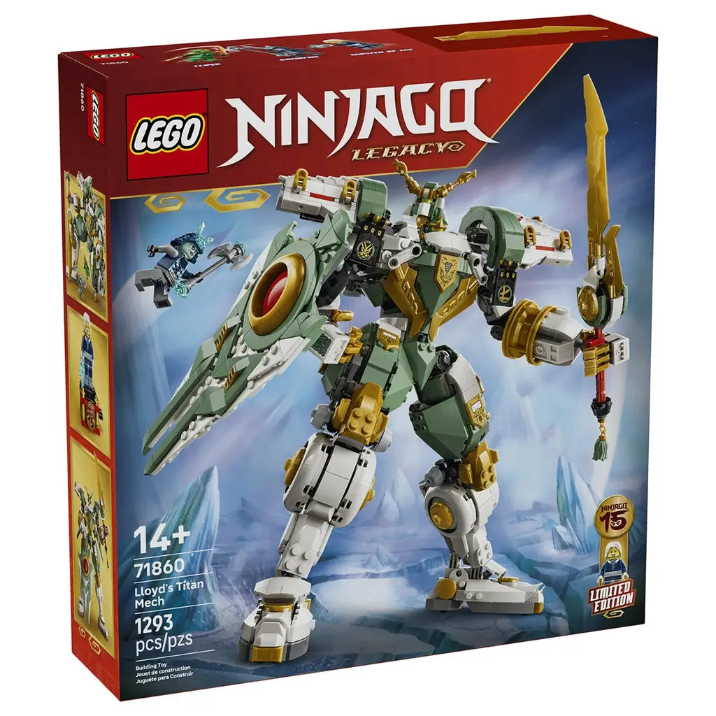LEGO NINJAGO Titan Mech box in red cardboard, rectangular packaging showing green and gold robot and minifigure, retail building toy display on an illustrated icy background.