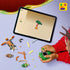 LEGO NINJAGO building pieces in green, brown, and gold plastic are arranged on a light surface as a child assembles a spinner, with a tablet displaying digital instructions nearby.