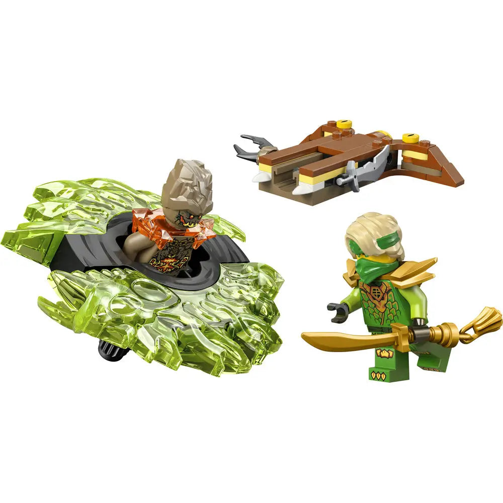LEGO NINJAGO spinner set shows translucent lime green plastic spinner with rocky earth monster minifigure emerging from the center, alongside a green ninja with gold sword on a clean white background.