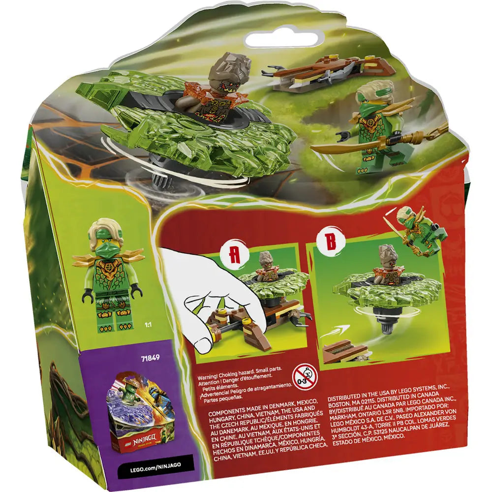 LEGO NINJAGO Dragons Rising package back illustrates the Lloyd vs Earth Monster spinner toy with green plastic spinner, minifigures, play steps, safety warnings, and feature callouts on a vibrant backdrop.