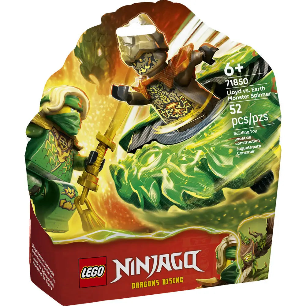 LEGO NINJAGO Dragons Rising box features Lloyd vs Earth Monster spinner made from green translucent plastic, dynamic action artwork, minifigures, age 6 plus marking, and set number 71850.