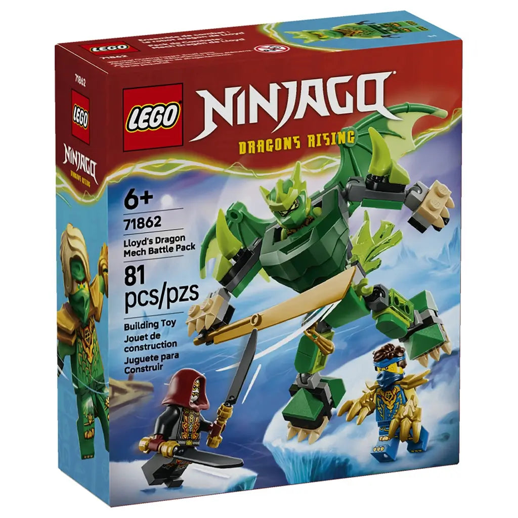 LEGO NINJAGO Lloyd's Dragon Mech Battle Pack set 71862 box front in red and blue shows a green winged mech, two minifigures, 81 pieces, and an age 6+ label.