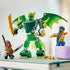 LEGO NINJAGO dragon mech toy in green, gray and gold bricks stands with broad wings and sword, flanked by Lloyd and a hooded villain on books in a bright room.