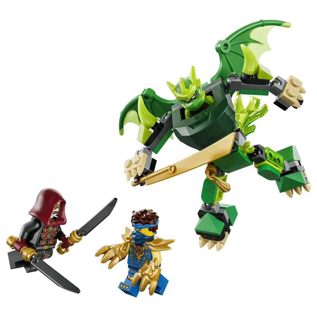LEGO NINJAGO Lloyd's Dragon Mech Battle Pack in green, gray and gold bricks features a winged mech with sword, plus Lloyd and villain minifigures on white.