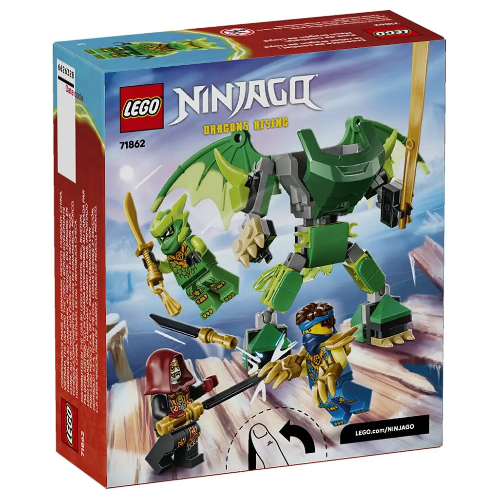 LEGO NINJAGO Dragons Rising set 71862 box back in red and blue shows the green winged dragon mech with sword, three minifigures, and icy battle scene artwork.