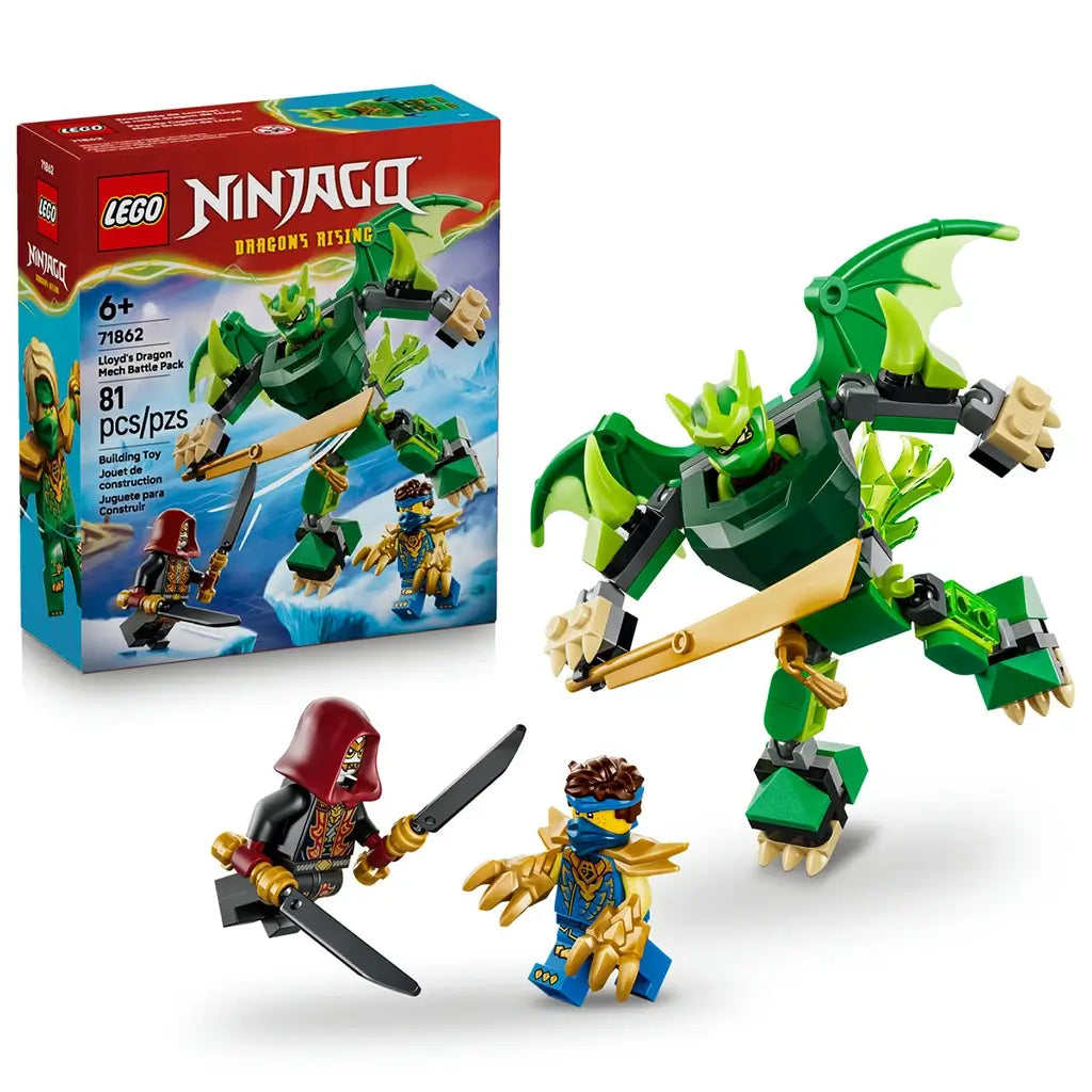 LEGO NINJAGO Lloyd's Dragon Mech Battle Pack in green, gray and gold bricks shows the winged mech, two minifigures, and 81-piece set 71862 box on white.