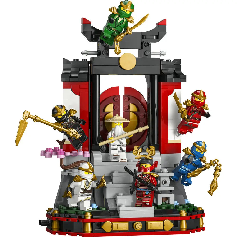 LEGO NINJAGO Legacy ninja temple display in red, black, gray, and gold plastic with a tiered shrine structure, decorative gate, and multiple ninja minifigures posed in action on a clean white background.