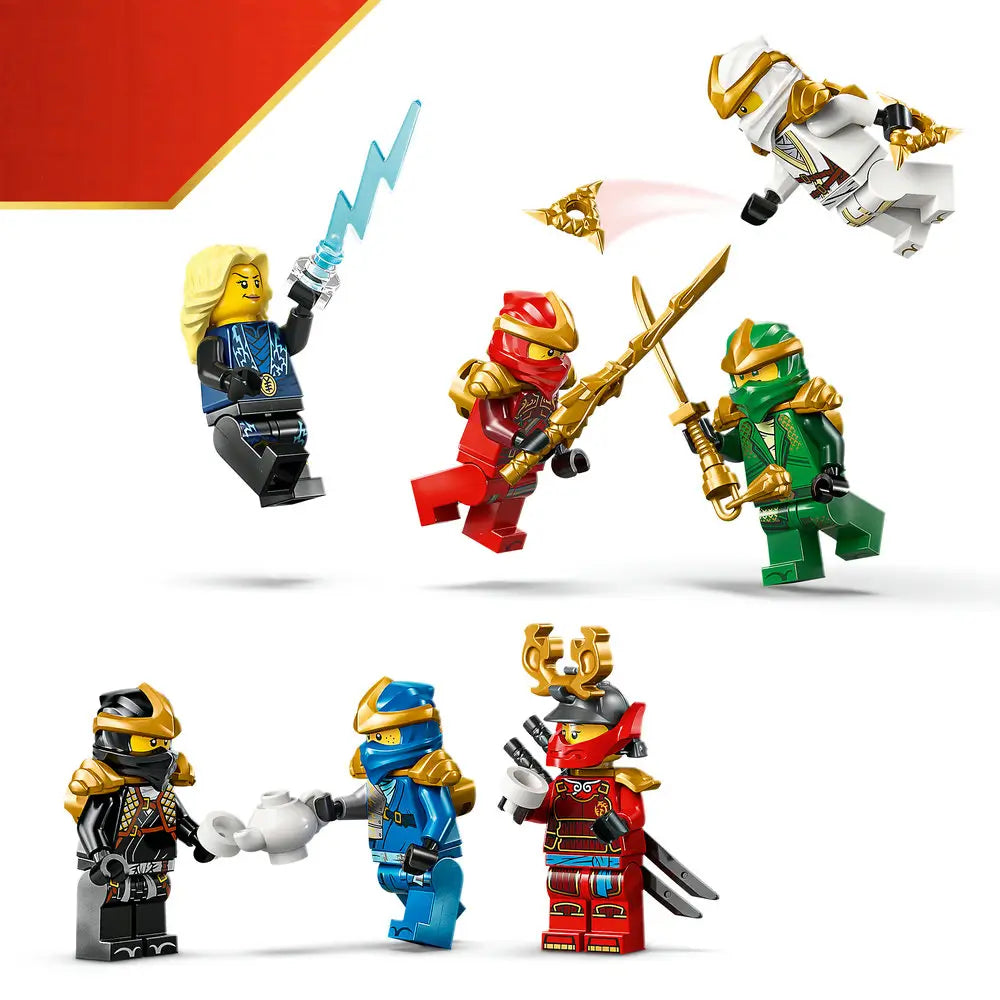 LEGO NINJAGO Legacy ninja minifigures in red, green, blue, white, and black outfits with gold armor and weapons, shown in dynamic jumping and combat poses to highlight character details on a white background.