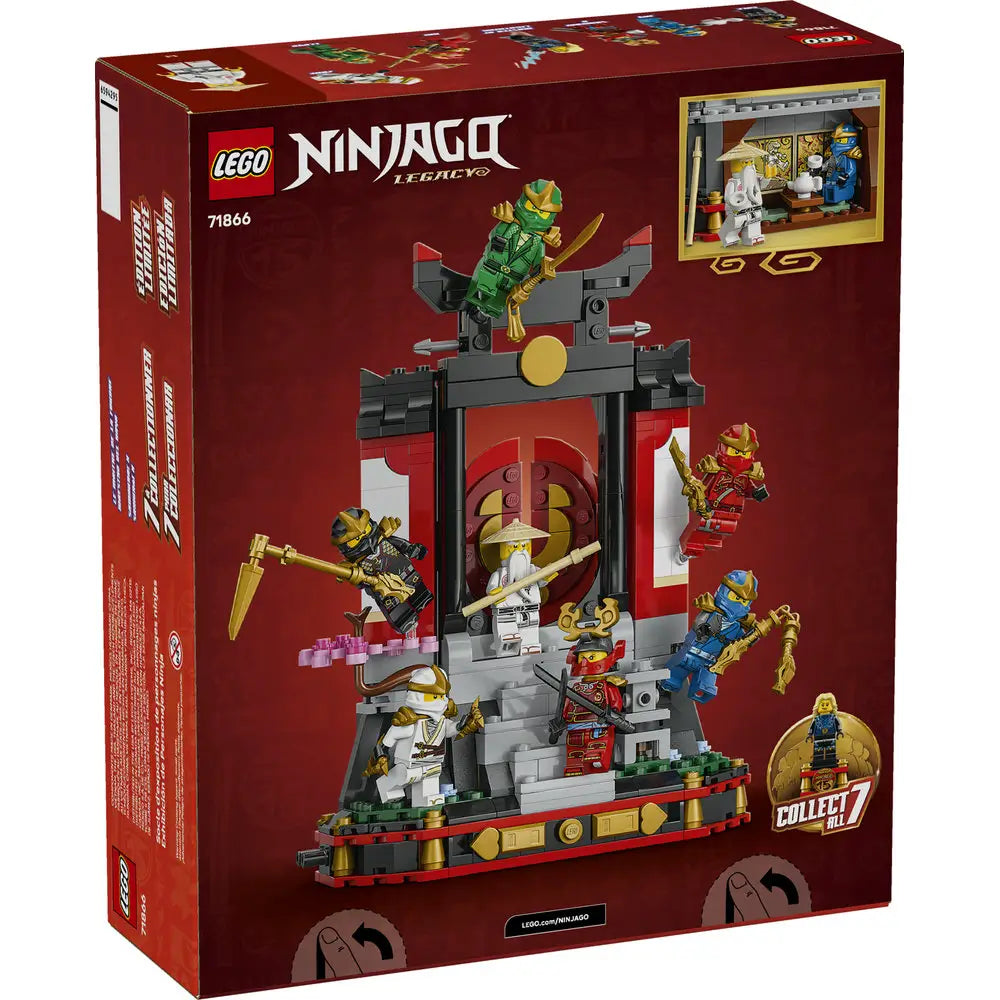 LEGO NINJAGO Legacy Ninja Character Display package back in deep red cardboard, showing alternate display angles, character features, and included ninja minifigures with decorative graphics.