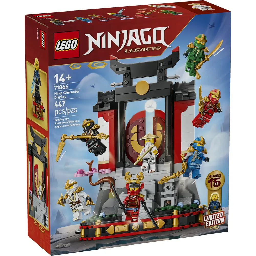 LEGO NINJAGO Legacy Ninja Character Display box front in deep red cardboard, featuring printed artwork of the temple build, ninja minifigures, age recommendation, piece count, and limited edition branding.