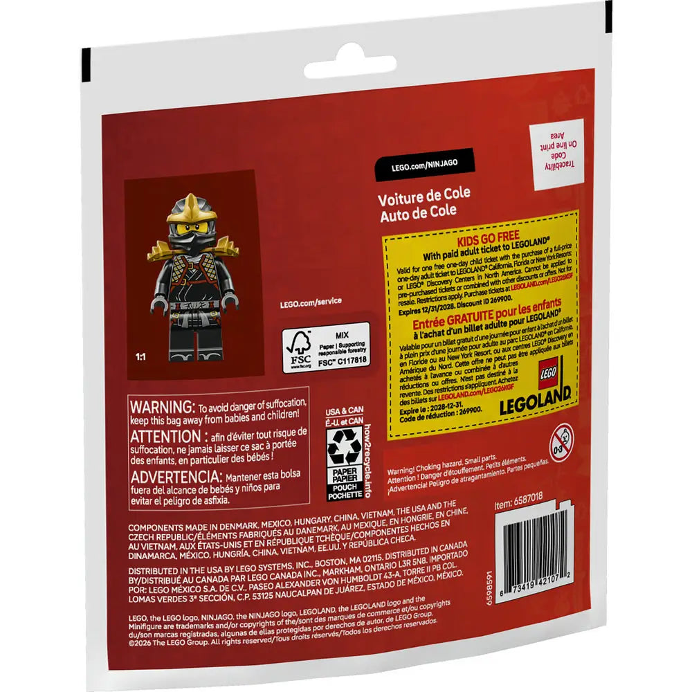 LEGO NINJAGO Cole’s Car package back in deep red cardboard with product images, multilingual safety warnings, promotional LEGOLAND offer, barcode, recycling icons, and manufacturer information arranged across the rear panel.