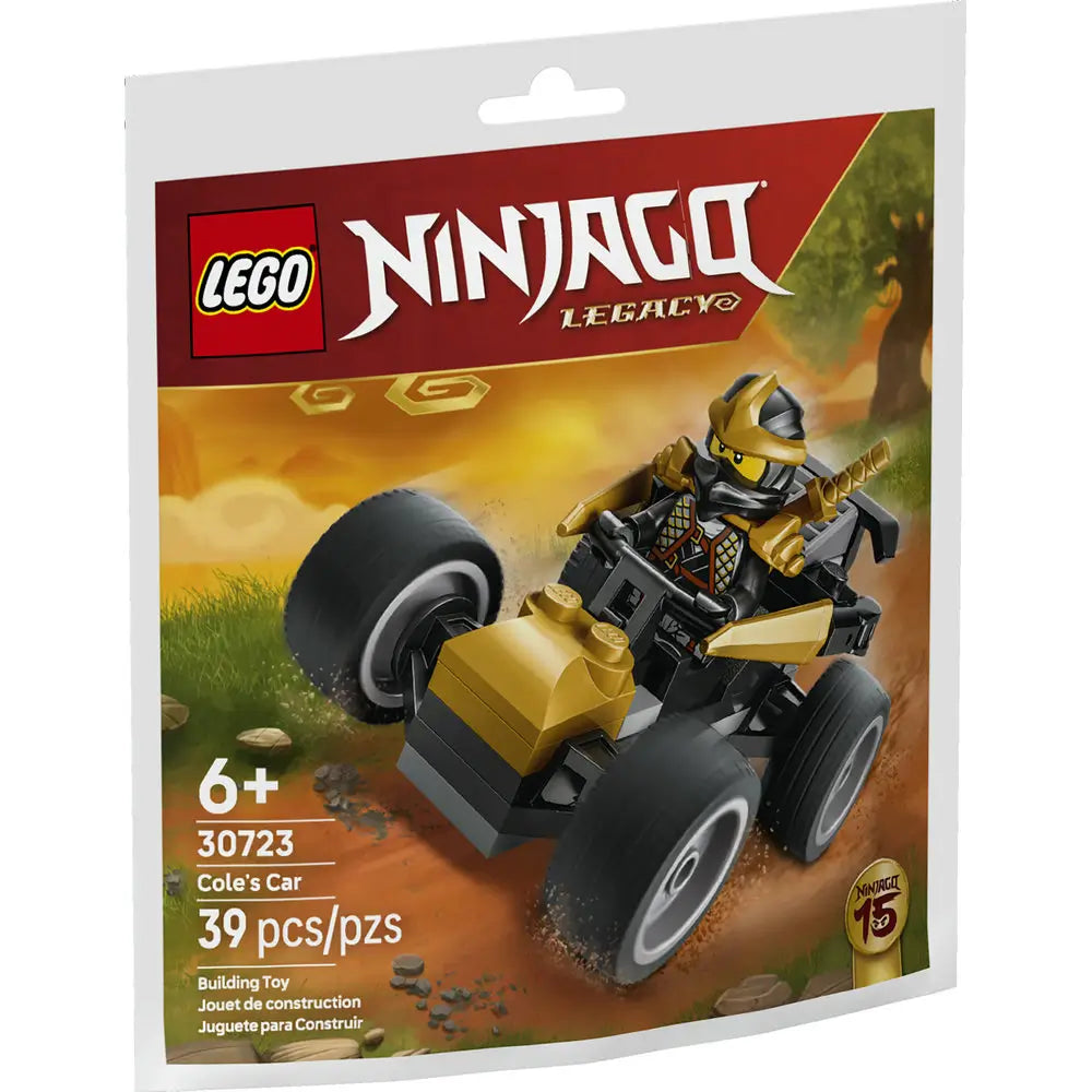 LEGO NINJAGO Legacy Cole’s Car set packaging in red, gold, and green printed cardboard, showing the assembled buggy racing on a dirt path, LEGO branding, age 6 plus label, and piece count on the front.