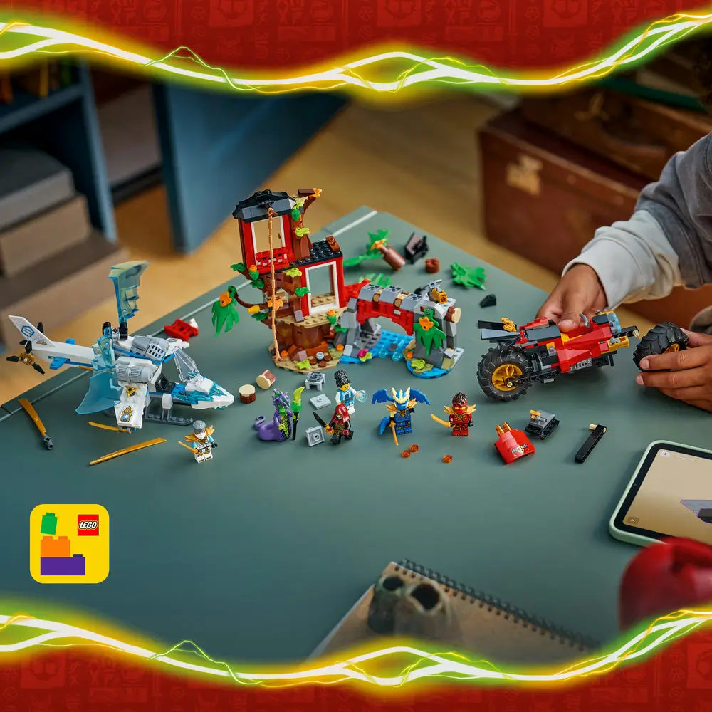 LEGO NINJAGO Dragons Rising battle scene with a red and brown tree house, blue dragon aircraft, red ninja vehicle, and several minifigures posed in action to highlight vehicles, weapons, and dynamic play features on a white background.