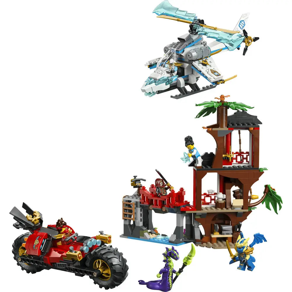 LEGO NINJAGO Dragons Rising Ninja Vehicle Tree House Battle set in red, brown, green, and gray plastic, featuring a multi-level tree house, red off-road ninja vehicle, blue dragon aircraft, and multiple minifigures arranged on a white background.