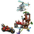 LEGO NINJAGO Dragons Rising Ninja Vehicle Tree House Battle set in red, brown, green, and gray plastic, featuring a multi-level tree house, red off-road ninja vehicle, blue dragon aircraft, and multiple minifigures arranged on a white background.
