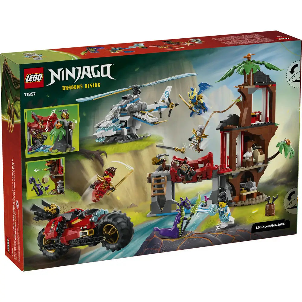 LEGO NINJAGO Dragons Rising Ninja Vehicle Tree House Battle package back in red and green cardboard, showing alternate play scenes, action features, modular elements, and included minifigures with illustrated callouts.