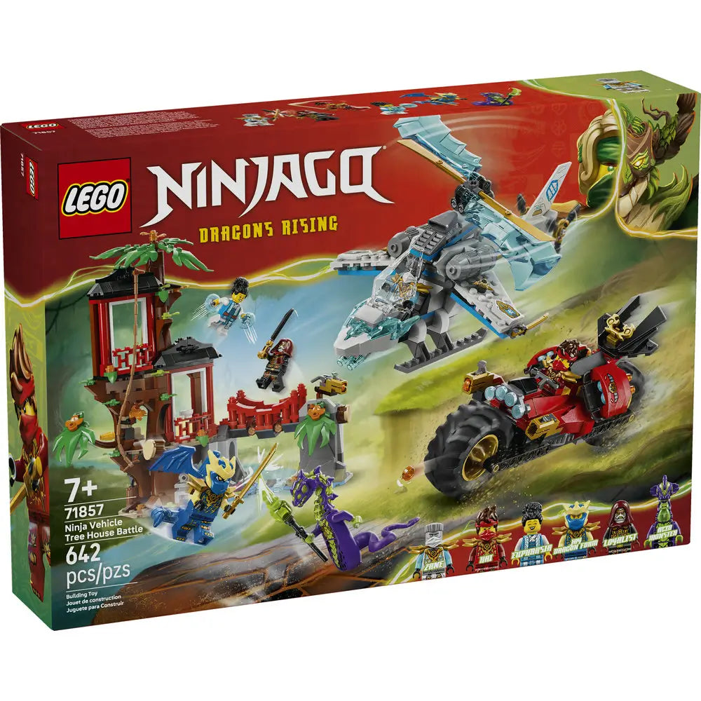 LEGO NINJAGO Dragons Rising Ninja Vehicle Tree House Battle box front in red and green cardboard, displaying illustrated action artwork of the tree house, dragon aircraft, ninja vehicle, characters, recommended age range, and piece count branding.