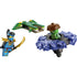 LEGO NINJAGO spinner toy shows blue and translucent purple plastic spinner with a green mutation monster minifigure emerging from the center, plus a blue ninja holding a gold sword on a clean white background.