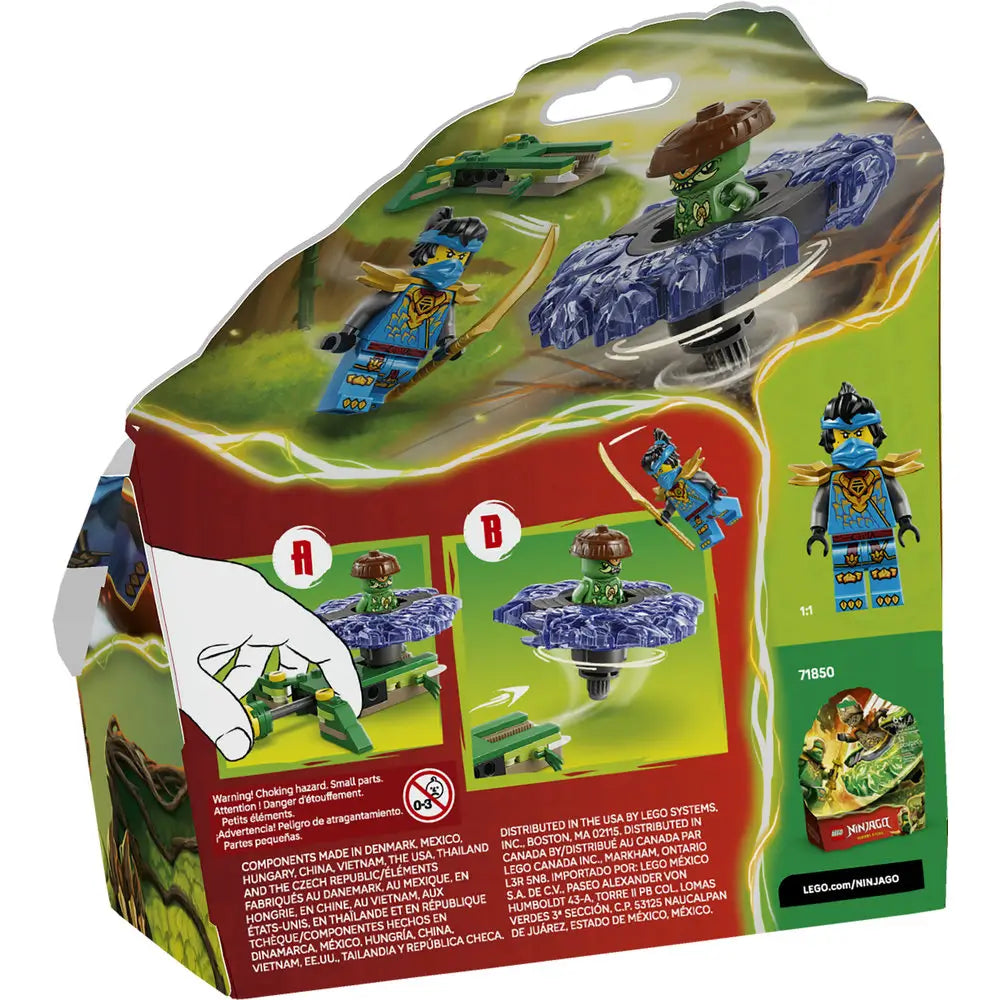 LEGO NINJAGO Dragons Rising package back shows the Nya vs Mutation Monster spinner toy with build steps, green and purple plastic spinner, minifigures, safety warnings, and play feature illustrations.