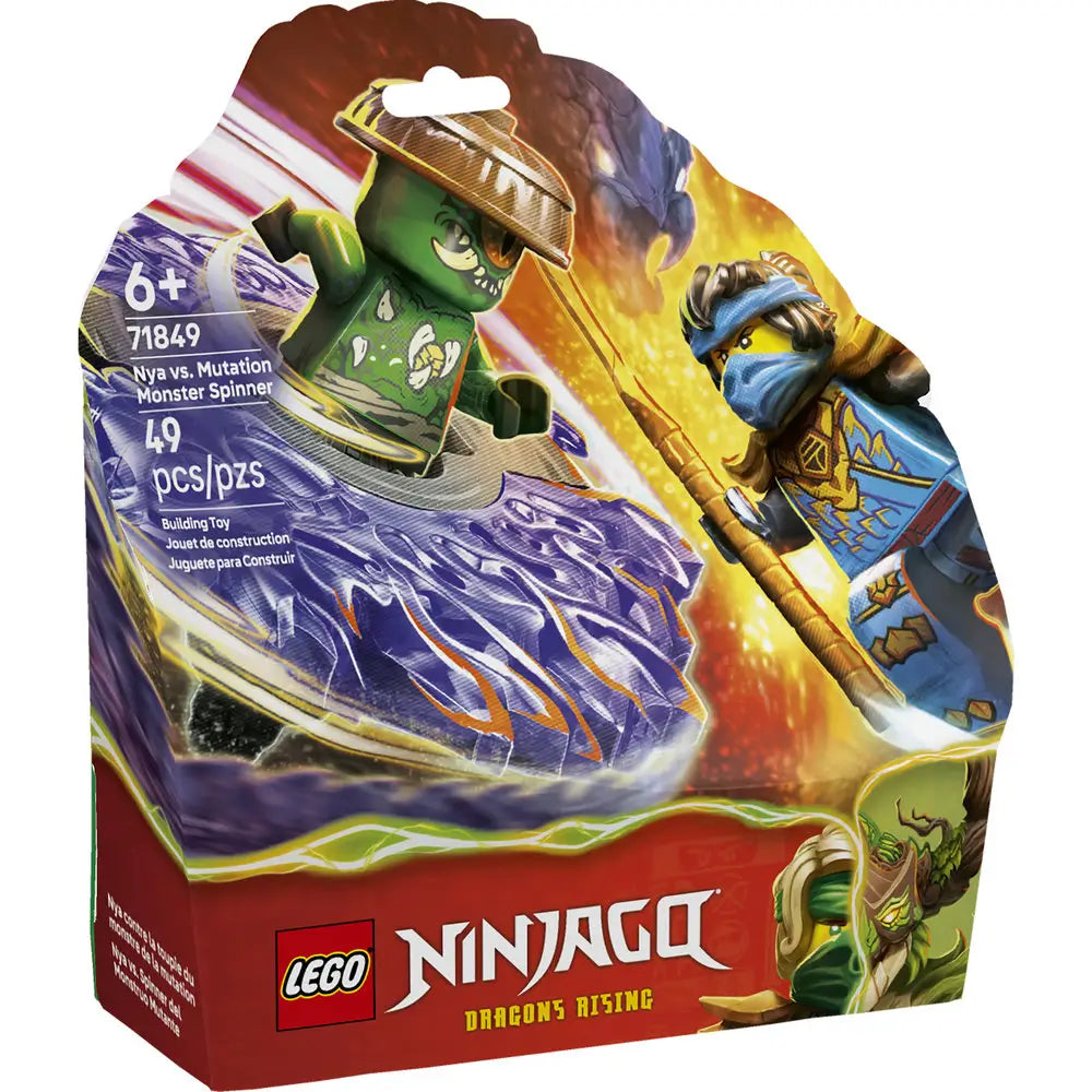 LEGO NINJAGO Dragons Rising box features Nya vs Mutation Monster spinner made from translucent purple plastic, dramatic action artwork, included minifigures, age 6 plus label, and set number 71849.