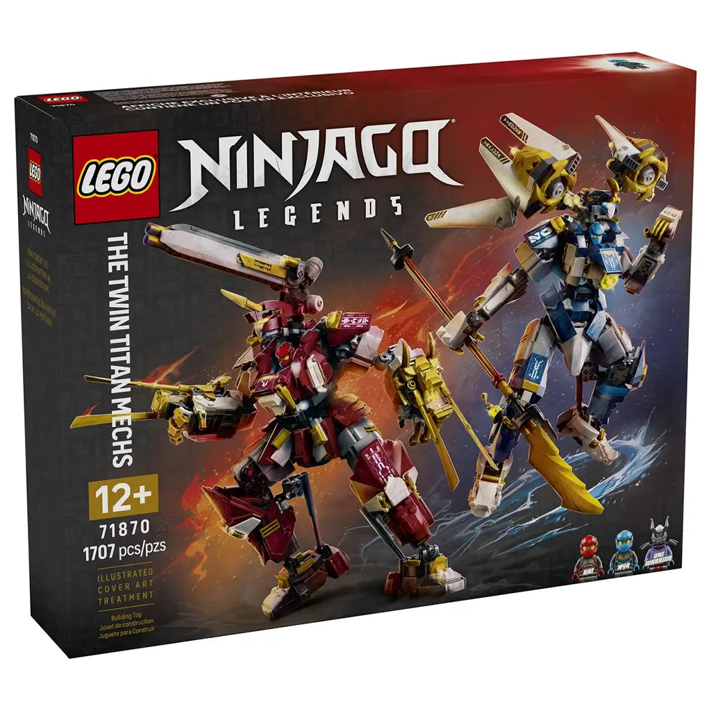 LEGO NINJAGO Legends The Twin Titan Mechs 71870 box in black and red shows the red and blue robot builds with gold weapons, plus three minifigures and 1,707-piece labeling.