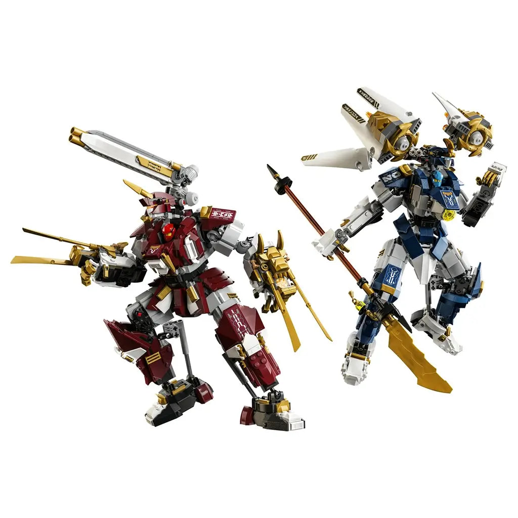 LEGO NINJAGO Twin Titan Mechs in red, blue, white and gold plastic feature two articulated robot builds with large weapons and mechanical details on a white background.