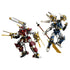 LEGO NINJAGO Twin Titan Mechs in red, blue, white and gold plastic feature two articulated robot builds with large weapons and mechanical details on a white background.