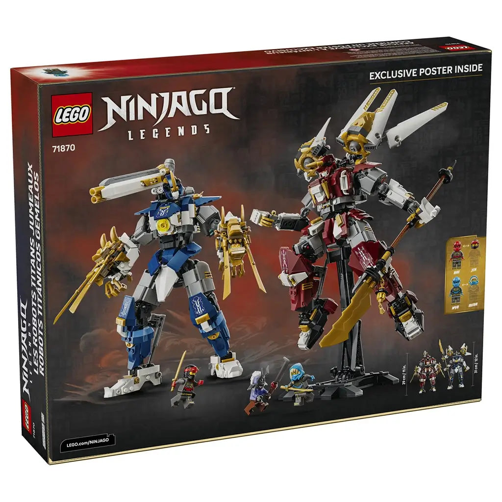 LEGO NINJAGO Twin Titan Mechs 71870 package back in black and red displays the blue and red articulated robots, gold weapons, three minifigures and height diagrams.