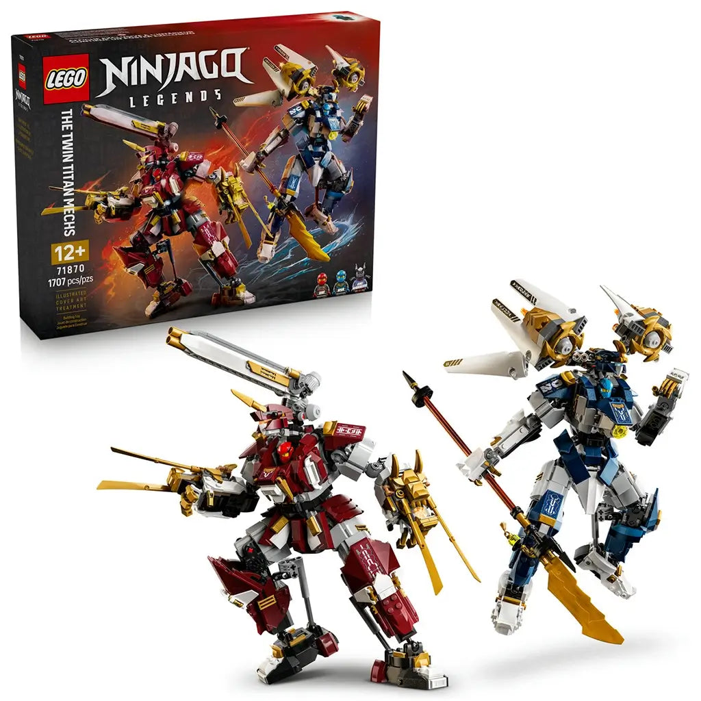 LEGO NINJAGO Twin Titan Mechs in red, blue, white and gold plastic are displayed beside the retail box, showing articulated robot builds with oversized weapons on white.