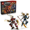 LEGO NINJAGO Twin Titan Mechs in red, blue, white and gold plastic are displayed beside the retail box, showing articulated robot builds with oversized weapons on white.