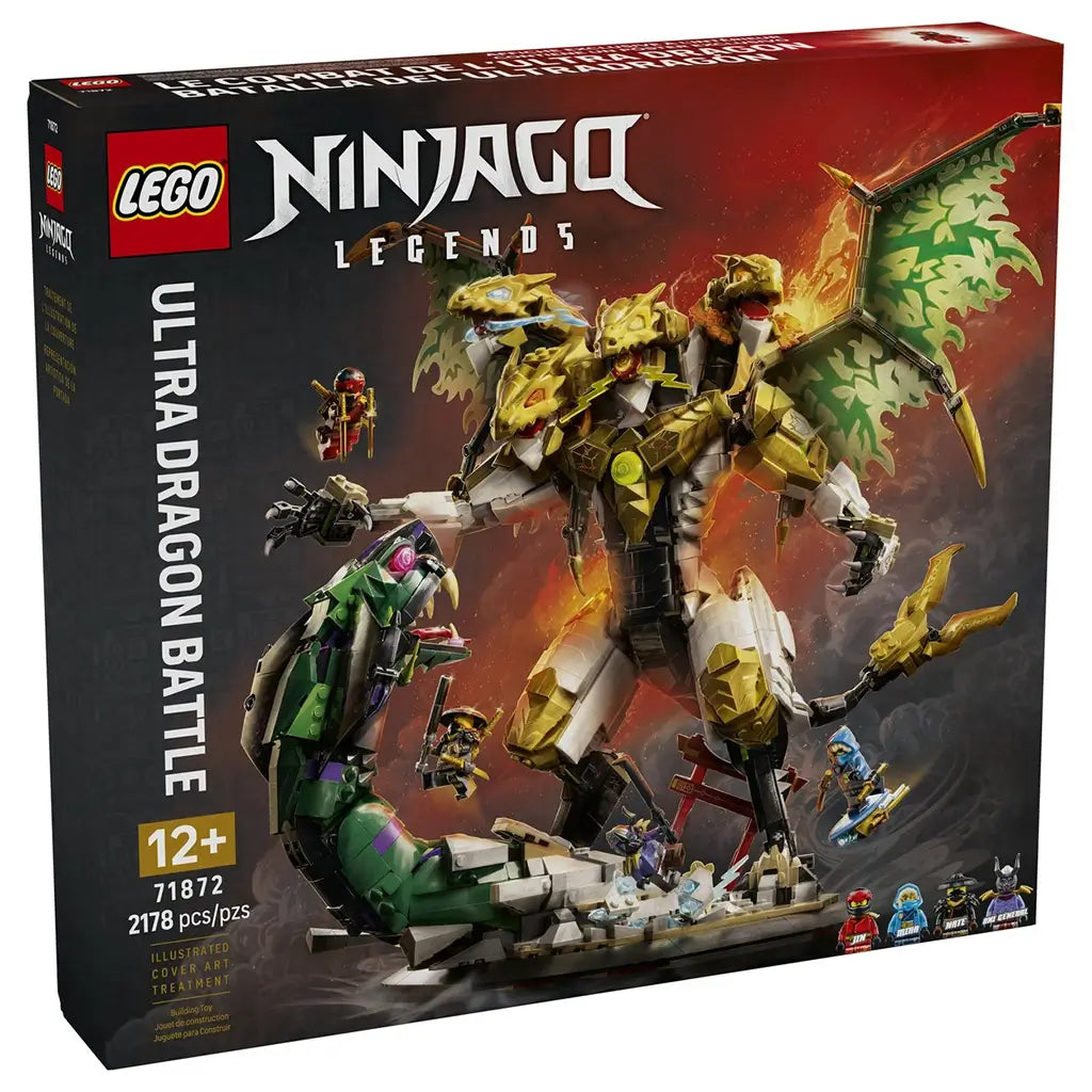 LEGO NINJAGO Legends Ultra Dragon Battle 71872 box in black and red features the 2,178-piece four-headed gold dragon, giant green serpent, battle base and ninja minifigures.