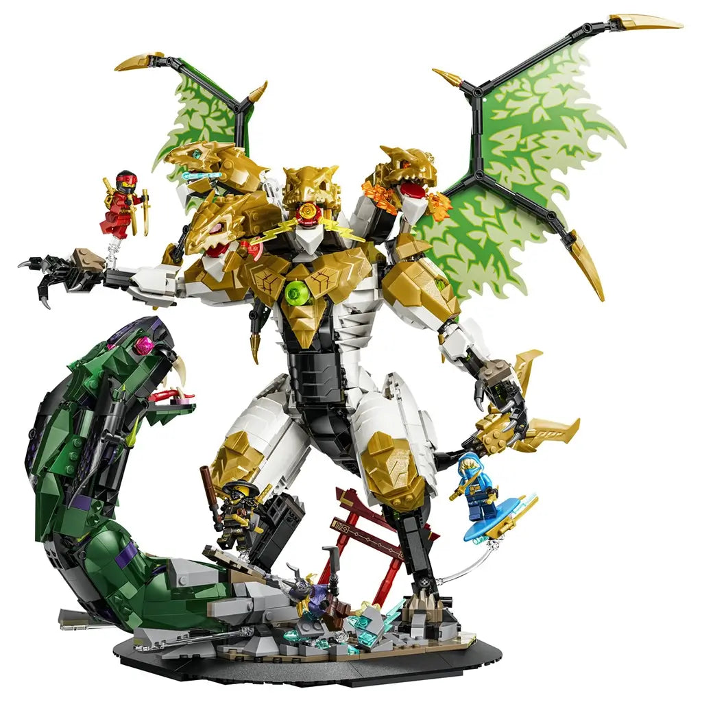 LEGO NINJAGO Ultra Dragon Battle in gold, white, green and black plastic features a four-headed winged dragon, giant serpent, battle base and ninja minifigures on white.