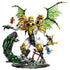 LEGO NINJAGO Ultra Dragon Battle in gold, white, green and black plastic features a four-headed winged dragon, giant serpent, battle base and ninja minifigures on white.