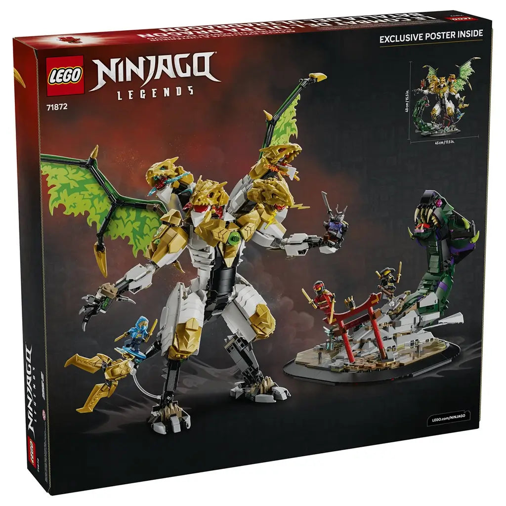 LEGO NINJAGO Ultra Dragon Battle 71872 package back in black and red shows the four-headed dragon, giant green serpent, battle base, ninja minifigures and set dimensions.